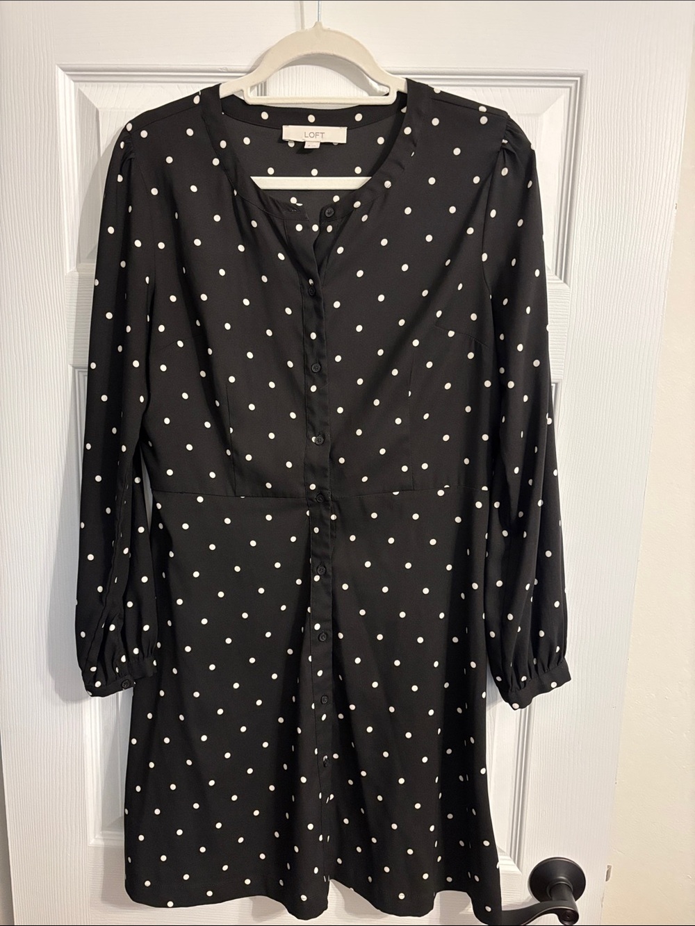 LOFT Black Polka Dot Long-Sleeve Button Dress